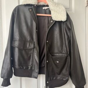 Anthropologie Brown and White Bomber Jacket with Shearling Collar